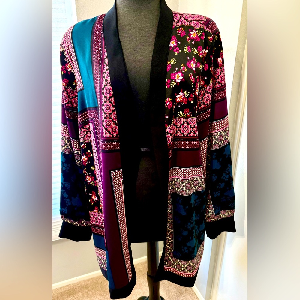 Chico's Mixed Print Open Front Jacket in Teal, Purple & Black